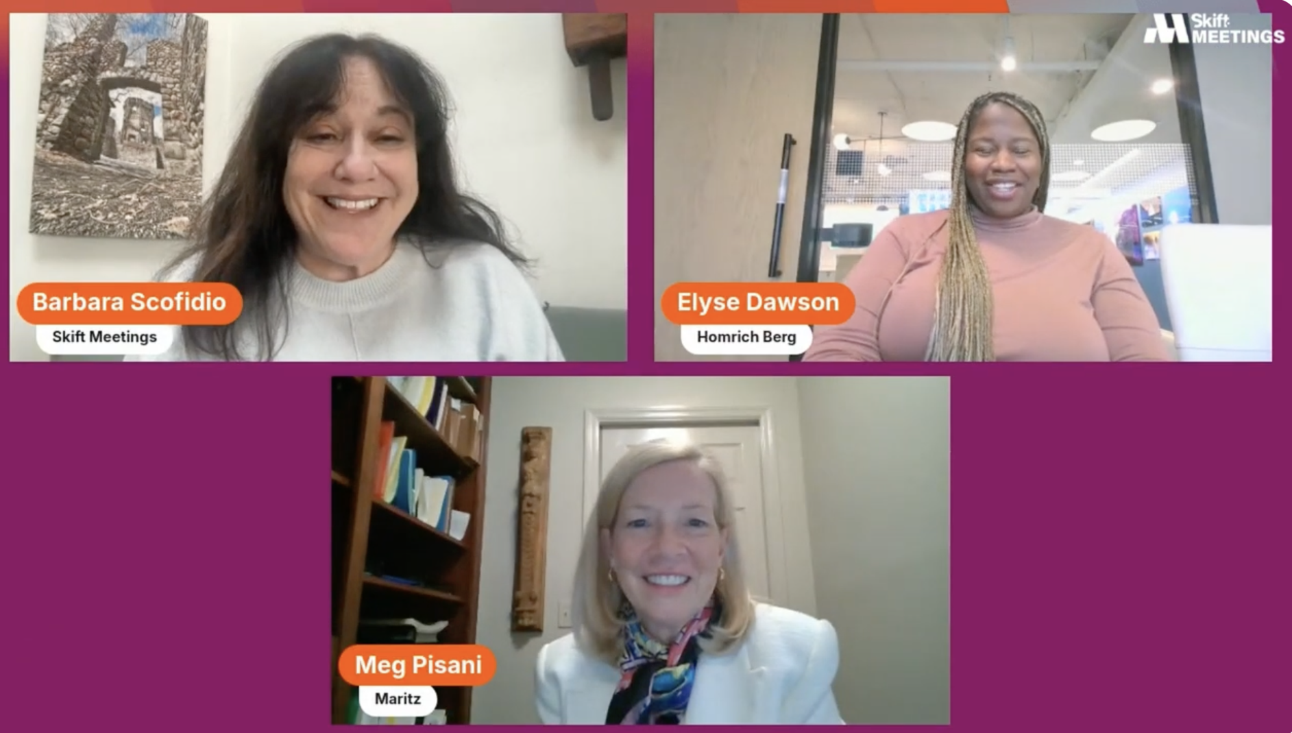 Screenshot from the AI and the Future of Meetings event featuring speakers Elyse Dawson and Meg Pisani, along with Skift Meetings Editor Barbara Scofidio.